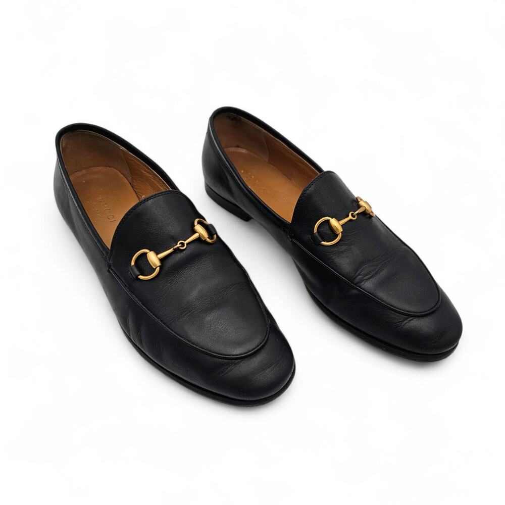 Gucci Jordaan Horsebit Slip On Flat Loafer Black Leather Gold Size 37.5 US 7.5 - Picture 4 of 11